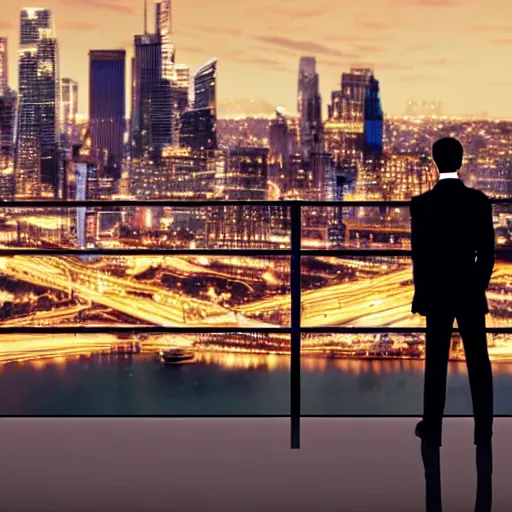 Image similar to a business cat in a suit, looking out at a skyline from a penthouse suite, cinematic, movie screenshot,