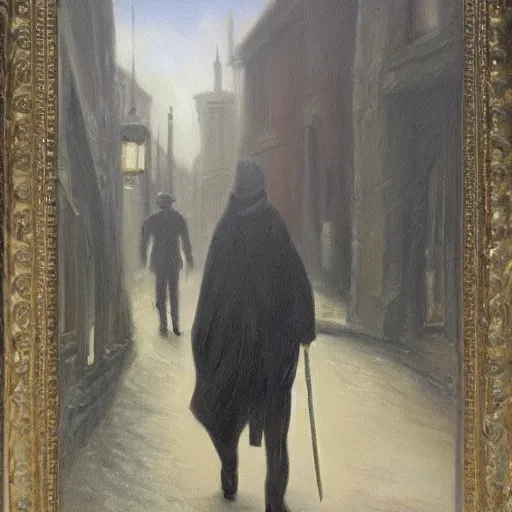 Prompt: oil painting of a man walking down a Victorian street, wearing cursed wrappings, with a mage staff, by H P Lovecraft