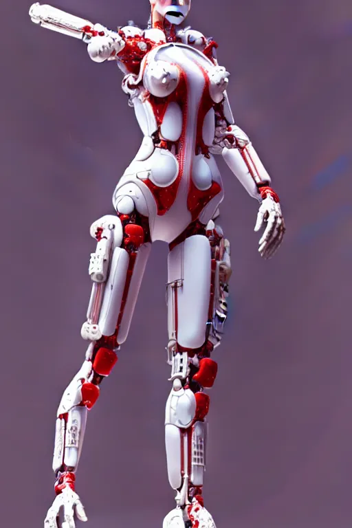 Image similar to a statue made of red marble, of an beautiful chinese girl, full body shot, perfect body, white biomechanical, inflateble shapes, wearing epic bionic cyborg implants, masterpiece, intricate, biopunk futuristic wardrobe, vogue, highly detailed, artstation, concept art, background galaxy, cyberpunk, octane render