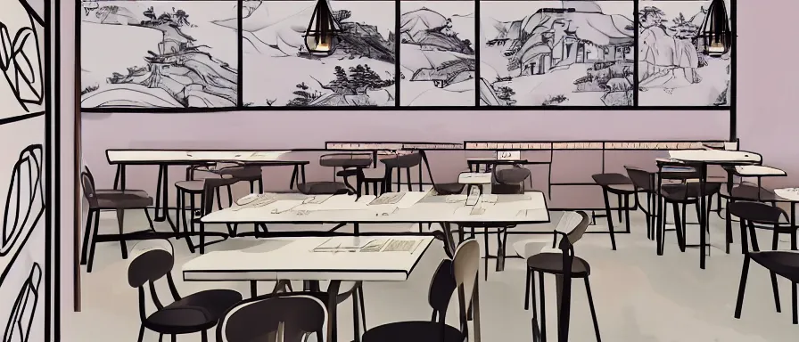 Image similar to a beautiful interior view illustration of a small roasted string hotpot restaurant of baota mountain in yan'an city, animation illustrative style, from china, restaurant wall paper is a high tower on a mountain, rectangle white porcelain table, black chair, simple style structure decoration design, victo ngai, james jean, 4 k hd