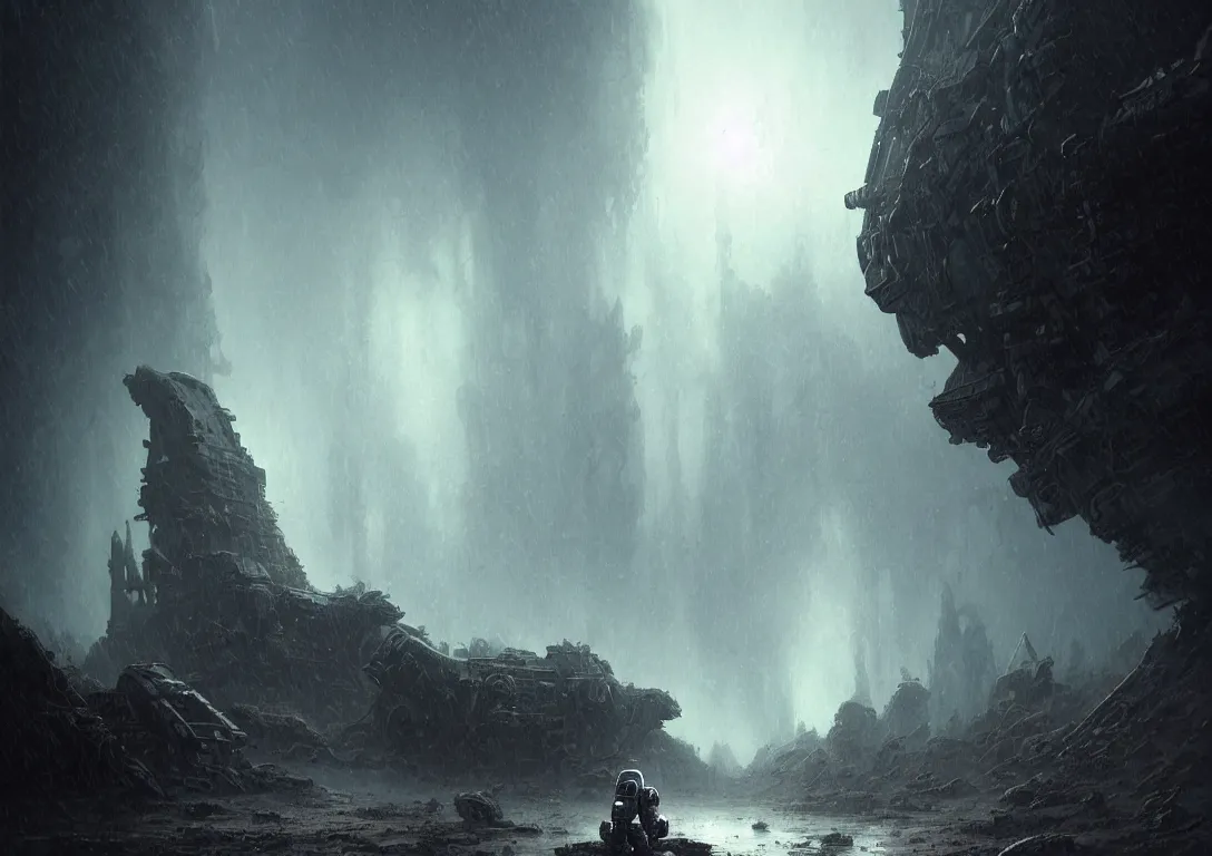Prompt: astronaut exploring a strange surface of another planet while it's raining, mist and wind, there are ruins of ancient civilization, ultra high definition, ultra detailed, symmetry, sci - fi, dark fantasy, in style of heavy metal comic, dark and horror style, metal by greg rutkowski and ross tran