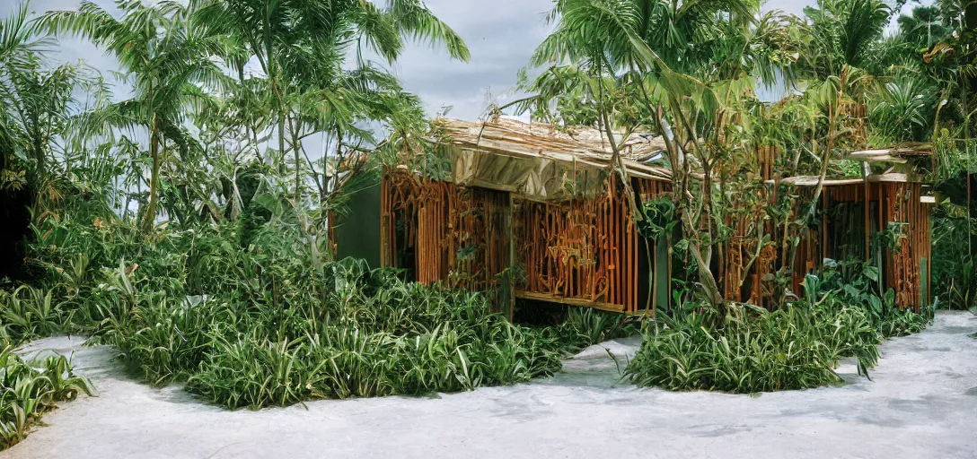 Image similar to shotgun shack designed by dali. outdoor landscaping designed by roberto burle marx. fujinon premista 1 9 - 4 5 mm t 2. 9. portra 8 0 0.