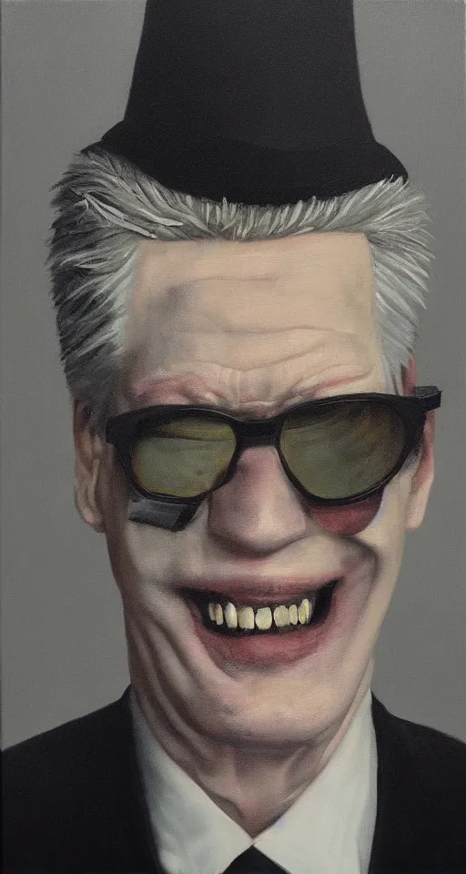 Prompt: portrait of an evil man with sunglasses, evil smile, in the style of roger deakins, david lynch, oil painting, realistic