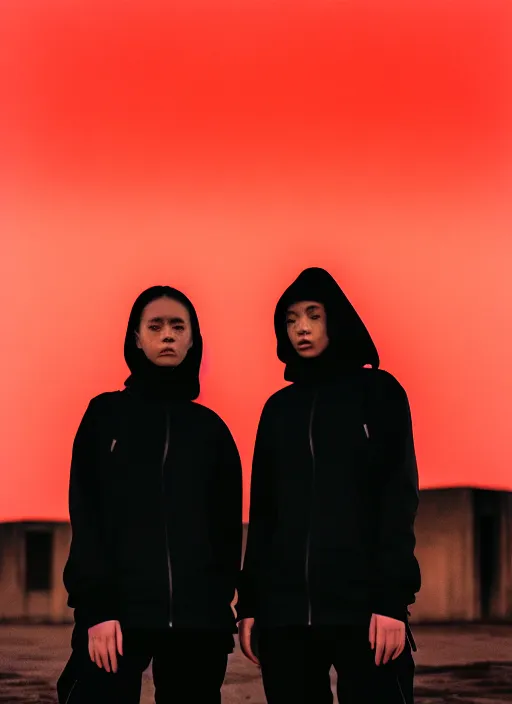 Prompt: cinestill 5 0 d photographic portrait of 2 women wearing black techwear in front of a brutalist sharp - edged metal building, closeup, on a desolate plain with a red sky, dystopia, cyberpunk, closeup, depth of field, 4 k, 8 k, hd, full color