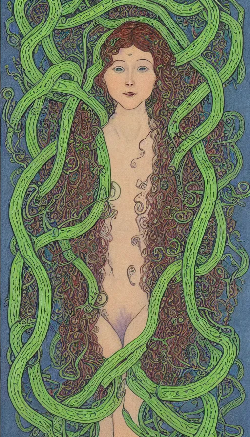 Image similar to very detailed portrait of a 2 0 years old girl surrounded by tentacles, the youg woman visage is blooming from fractal and vines, by ivan bilibin,