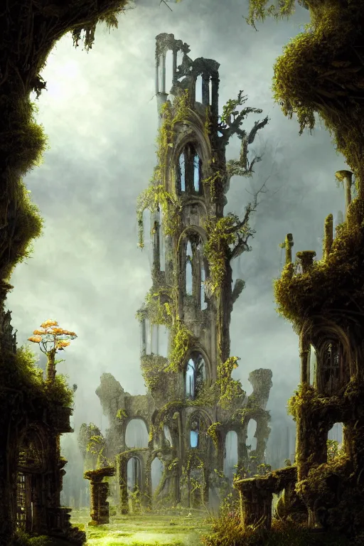 Image similar to a beautiful digital illustration painting of a detailed gothic fantasy ruins and roots, dark mushroom, flowers by benoit b. mandelbrot, steven belledin, martin johnson heade, lee madgwick, caspar david friedrich, and david rios ferreira. 8 k resolution trending on artstation concept art digital illustration