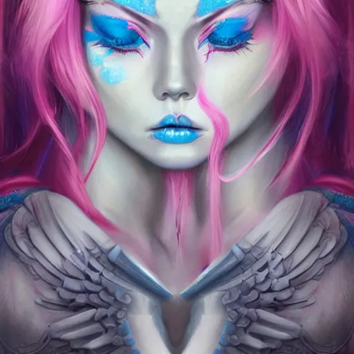 Image similar to fierce warrior mage kissing warrior angel with pink hair, blue piercing eyes, mystery, beautiful aesthetic, by james jean, trending on artstation, ultra realistic, iso 4 0 0, f - stop 2