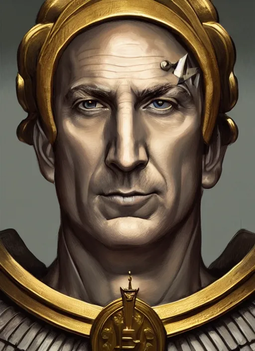 Image similar to symmetry!! portrait of bob odenkirk in cement, with a gold laurel wreath on head, dramatic rendering, fantasy, medieval wear, intricate, elegant, highly detailed, digital painting, artstation, concept art, smooth, sharp focus, illustration, art by artgerm and greg rutkowski