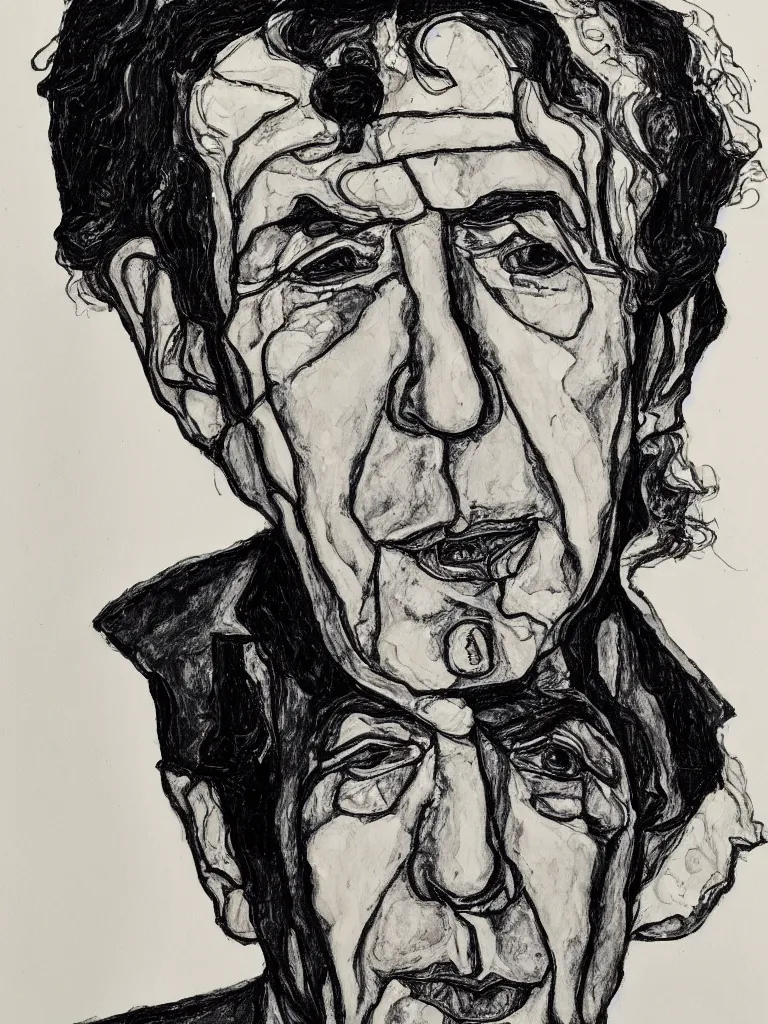 Image similar to a line art portrait of singer leonard cohen, inspired by the work of egon schiele.