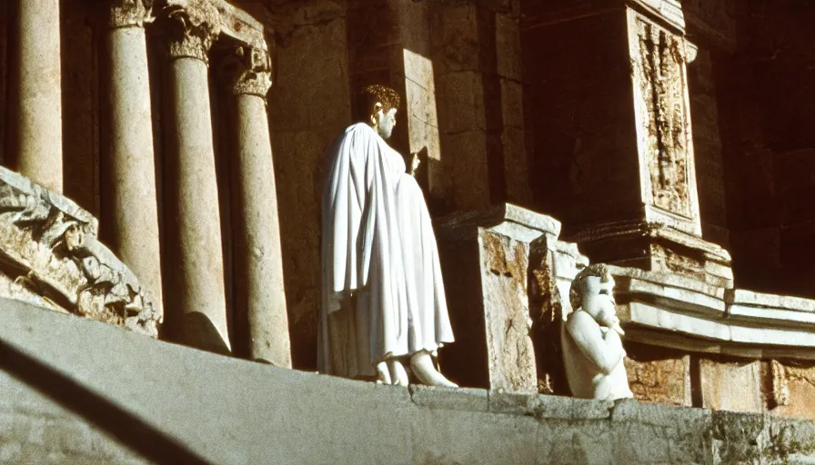 Image similar to 1 9 6 0 s movie still close - up of caligula in a white toga stabbed to death bleeding heavy blood on ancient amphitheater's stairs, cinestill 8 0 0 t 3 5 mm, high quality, heavy grain, high detail, dramatic light, anamorphic, blood