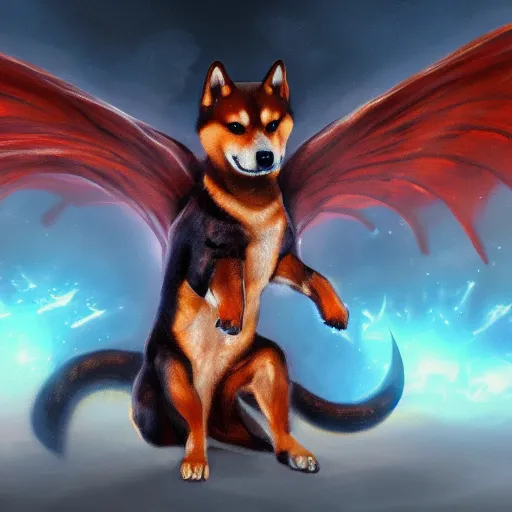 Prompt: an oil painting of a shiba inu with dragon wings, hd, hdr, ue 5, ue 6, unreal engine 5, cinematic 4 k wallpaper, 8 k, ultra detailed, high resolution, artstation, award winning