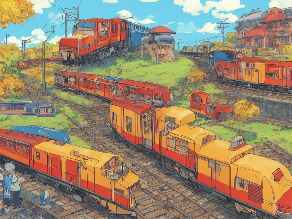 Image similar to longitudinal cut sideview of a anime train, autumn light, colorful, beautiful, by studio ghibli, by hayao miyazaki, digital art, concept art, manga, cute and adorable, illustration