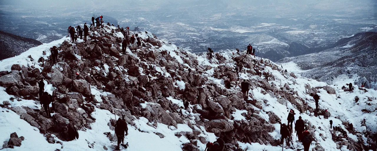 Image similar to people hiking over a hill made up of spaghetti on top of a frozen mountain, canon 5 0 mm, cinematic lighting, photography, retro, film, kodachrome