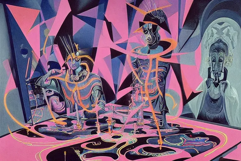 Prompt: a highly detailed beautiful masterpiece painting of a technomancer wizard in dazzle camouflage robes with pointed hood discussing sentience with his synthesized AI djinn hologram in his laboratory near a computer by Remedios Varo and Anato Finnstark and Greg Rutkowski and Andy Warhol and Francis Picabia, dayglo pink, dayglo blue, prismatic, pearlescent white, raven black, hyperrealism, 8k, trending on ArtStation, rendered in Octane, rendered in Unreal engine, award winning, volumetric lighting