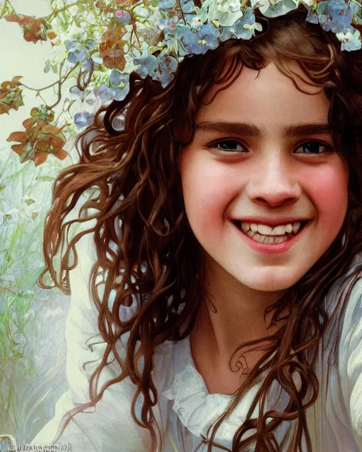 Image similar to close up portrait of 1 5 - year - old girl, smile with large front teeth, hermione granger, very bushy brown hair, and very bright brown eyes, wearing white shirt, hyper realistic face, beautiful eyes, close up, fantasy art, in the style of greg rutkowski, intricate, alphonse mucha, hyper detailed, smooth