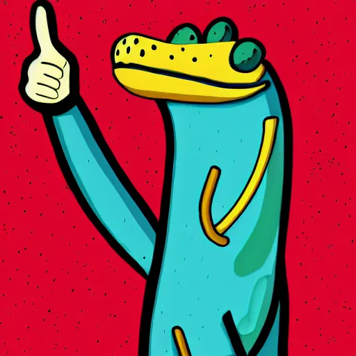 Image similar to illustration of a anthromorphic catfish giving a thumbs up in the style of bojack horseman, by lisa hanawalt, by wanda gag