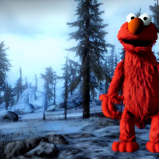 Image similar to elmo in skyrim, official screenshot, 4 k, npc, render