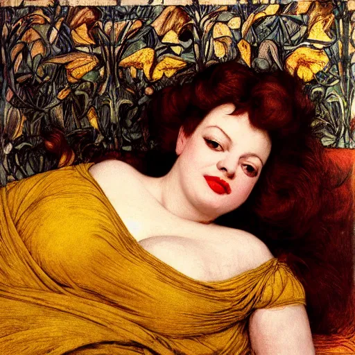 Prompt: reclining on bed, hybrid of judy garland and jo brand, aged 2 5, brown fringe, huge downslanted eds eyes, large full lips, wide shot, yellow ochre ornate medieval dress, john william waterhouse, kilian eng, rosetti, john everett millais, william holman hunt, william morris, 4 k