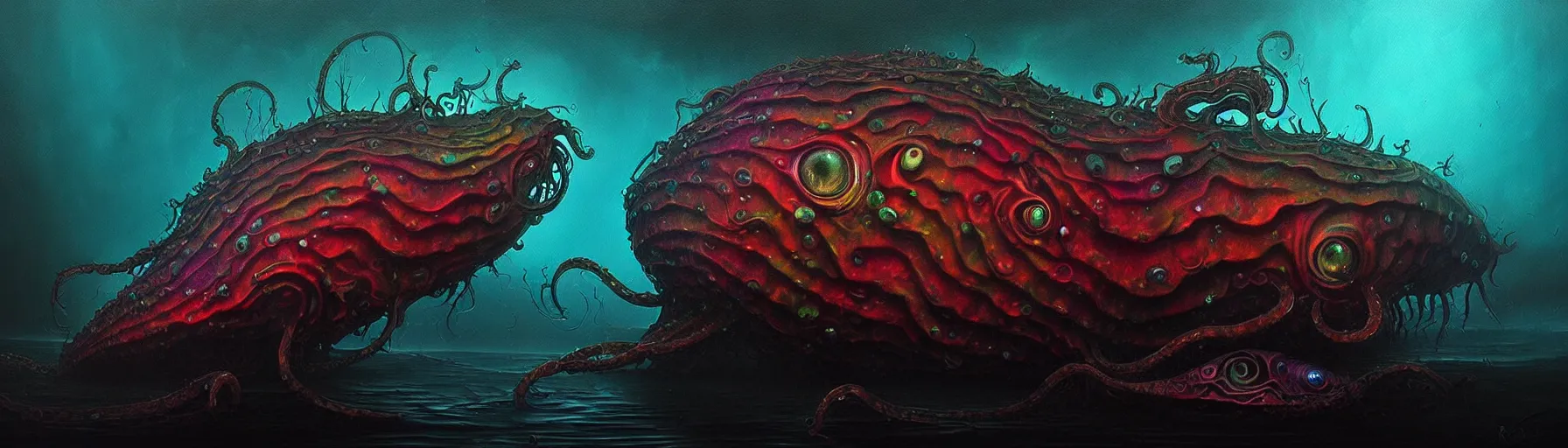 Image similar to strange cuttle fish like creatures from the depths of the imaginal realm, dark eerie dramatic lighting, detailed and atmospheric surreal darkly colorful painting by ronny khalil