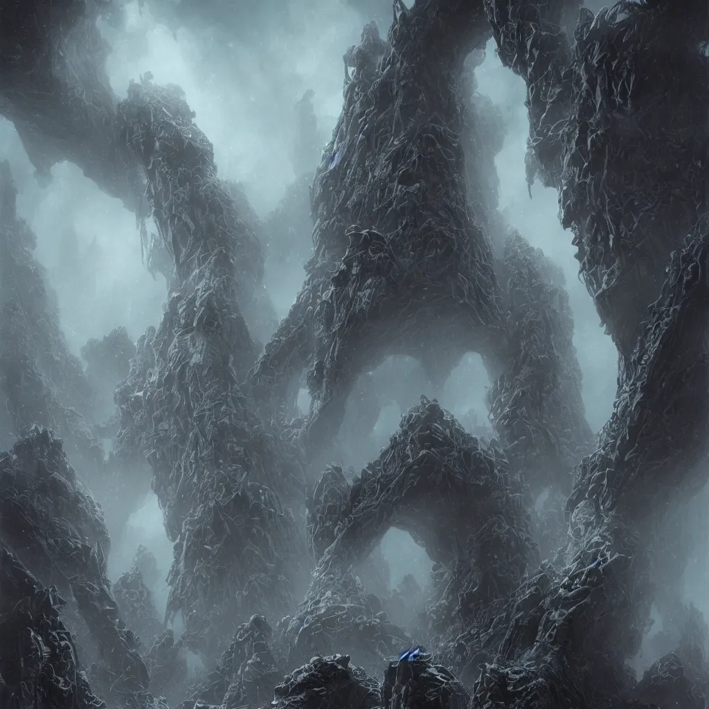 Image similar to the lovecraftian alien city of r'lyeh, evil towers and gravity defying megastructures in the haunted mountains of antarctica, upward cinematic angle, by rodney matthews, greg rutkowski and bill sienkiewicz, dark psychedelic atmosphere, heavy winter aesthetics, stunning composition, alien faces, female faces, monstrous animal statues, intricate, strange, elegant, digital art, hyperdetailed, colorful hyperrealism, brilliant photorealism, horror, masterpiece, 8k