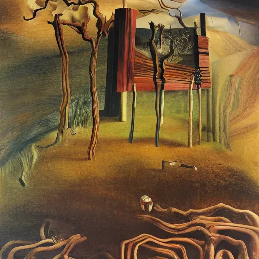 Prompt: A cabin in the woods by Salvador Dali, oil on canvas, 4k, 8k