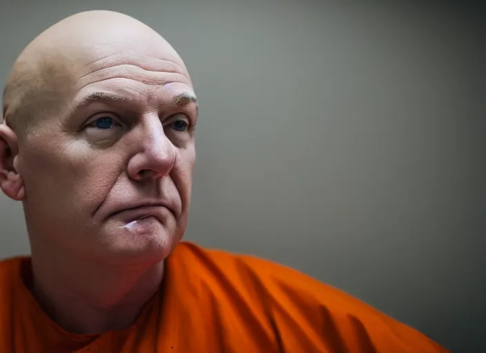 Image similar to photo of bald!!! donald trump!!! shaved head no hair!!! no hair!!! old white pasty skin sitting in a jail cell wearing an orange jumpsuit, defocused bars in the foreground, 8 k, 8 5 mm f 1. 8