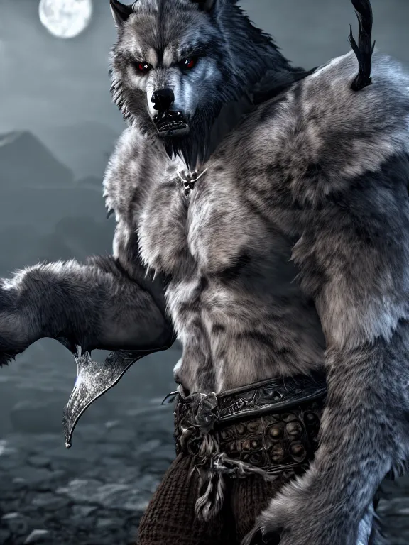 Image similar to cute handsome cuddly burly surly werewolf from van helsing unreal engine hyperreallistic render 8k character concept art masterpiece screenshot from the video game the Elder Scrolls V: Skyrim