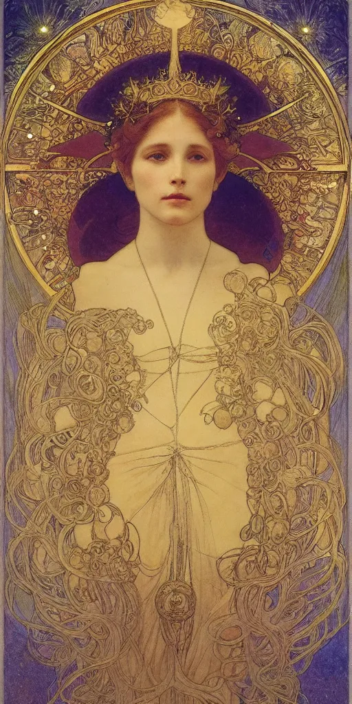 Prompt: portrait, face, saint woman, venus, athena, halo, queen, by alphons mucha and annie swynnerton and jean delville, strong dramatic cinematic lighting, ornate headdress, flowing robes, spines, flowers, stars, lost civilizations, smooth, sharp focus, extremely detailed, marble, gold, space