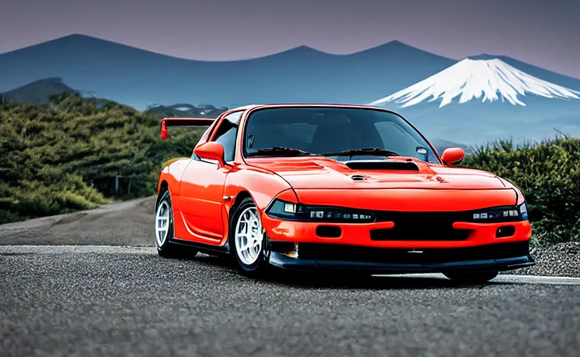 Image similar to a stylistic photo of a modified rx 7 in mount fuji early in the morning | jdm | japanese