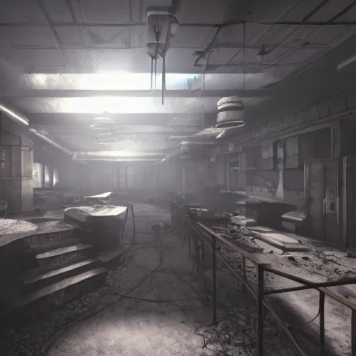 Image similar to fallout concept art building interior render grim realistic lighting unreal engine 5