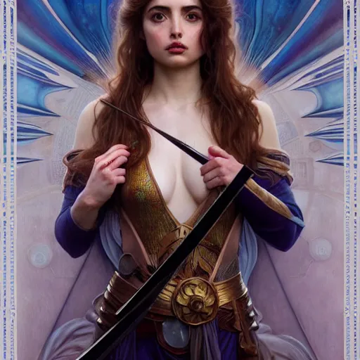 Image similar to ana de armas with sword and potions drawn by Donato Giancola and Tom Bagshaw, face by Artgerm, overall design by Alphonse Mucha, background by James Jean and Gustav Klimt, light by Julie Bell, 4k, porcelain skin, komorebi, french nouveau, trending on artstation, octane render, hyperrealistic