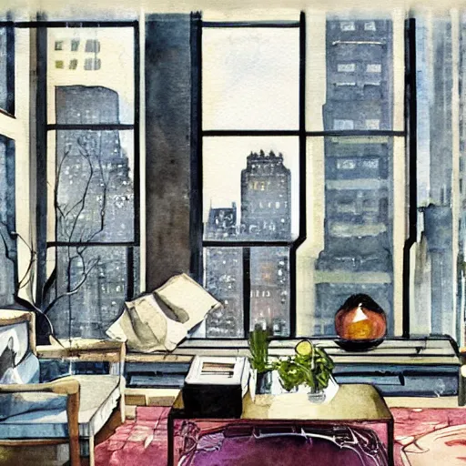 Prompt: modern loft overlooking central park in a blizzard, in watercolor gouache detailed paintings with white oil lines, moebius, art nouveau