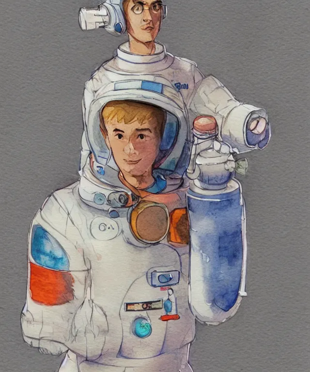 Prompt: color pen and ink and pencil sketch character concept design game asset of sketches watercolor of a boy scientist wearing a home made 1950s style science fiction retro space suit by Stanley Artgerm Lau, WLOP, Rossdraws, James Jean, Andrei Riabovitchev, Marc Simonetti, and Sakimichan, tranding on artstation , assets, character design, tending on pinterest, trending on cgtalk, trending on concept art, trending on character design