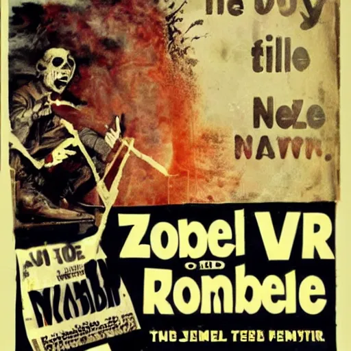 Prompt: old film poster zombie wearing vr, text reads zombie,!!!!!!!!! zombie!!!!!!!!!