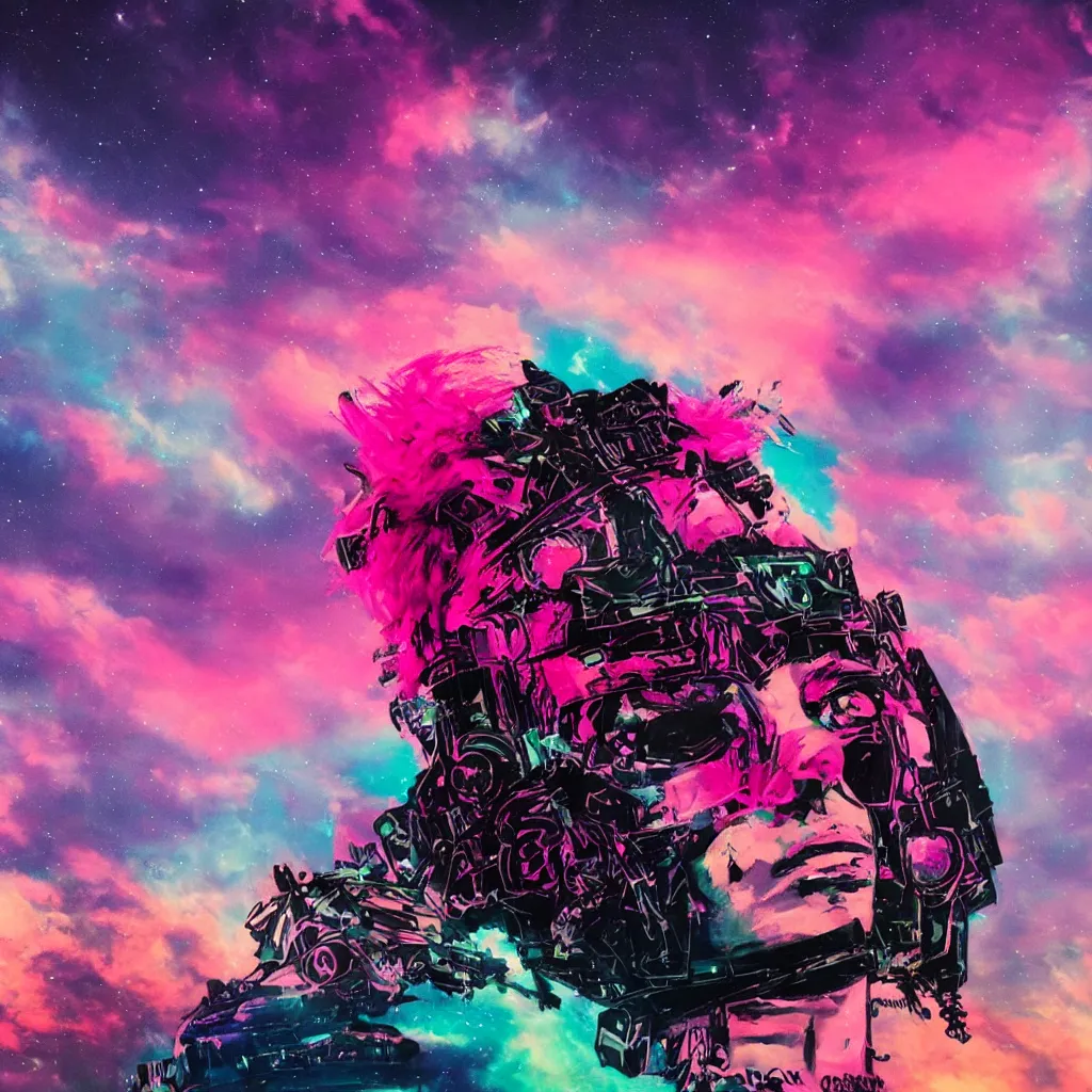 Prompt: portrait of punk big beautiful face, space, dark, stars, pirate neon ship with punks on board, mohawks, neon, oil painting, pink, rich deep colors masterpiece, ultra detailed, contrast, heaven pink, punk rock with mohawks, clouds, sky, volumetric light, atmospheric lighting, dramatic, cinematic, moody, octane render 4 k, 8 k