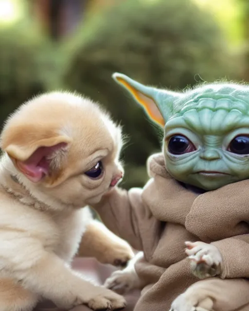 Prompt: stock photos of baby yoda playing with a cute puppy, hyperreal