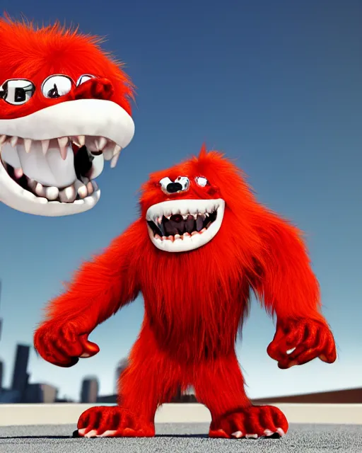 Image similar to 3 d render of completely red hairy friendly monster smiling wearing chrome shades, cute, cartoony, white background, unreal engine 5