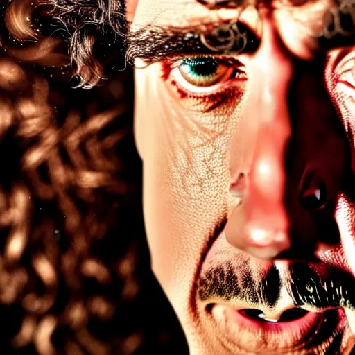 Prompt: an extreme closeup of Weird Al's eye reflected in his eye is earth shrinking away, highly reflective, realistic reflections, realistic lighting, photo realistic, awe inspiring