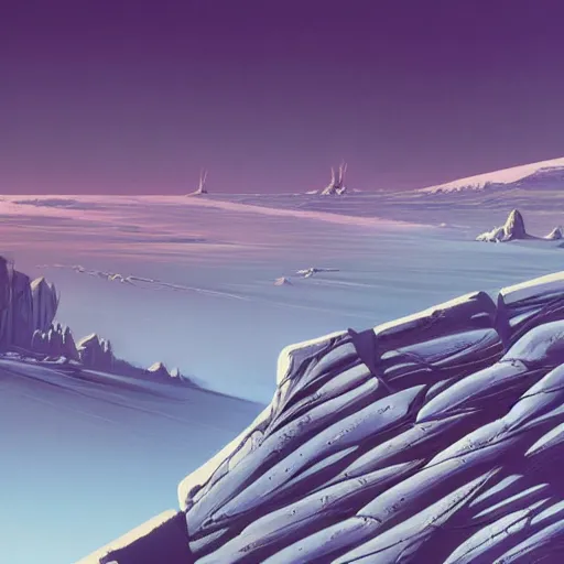 Image similar to Frozen frontiers on an alien planet, floating mountains above clouds in the background, vanishing perspective of a road, ravine, Syd Mead, John Harris, Federico Pelat,