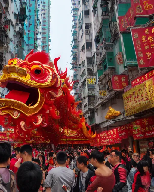 Image similar to chinese new year decoration, chinese new year parade, dragon float, monks, giant asian gods, crowd of people, street, poor buildings, hong kong buildings, kowloon, slums, cyberpunk, ghost in the shell, dramatic lighting, trending on Artstation, 8k, highly realistic, hyper detailed, unreal engine 5, IMAX quality, realistic, cinematic, epic lighting, realistic, Matte Painting, masterpiece,