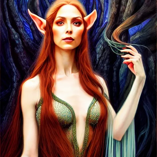 Image similar to portrait of a female elven wizard in flowing sensual dress, long flowing hair, delicate, looking at camera, slightly smiling, real face, stylish, elegant, extremely detailed painting inspired by Gerald Brom, epic lighting