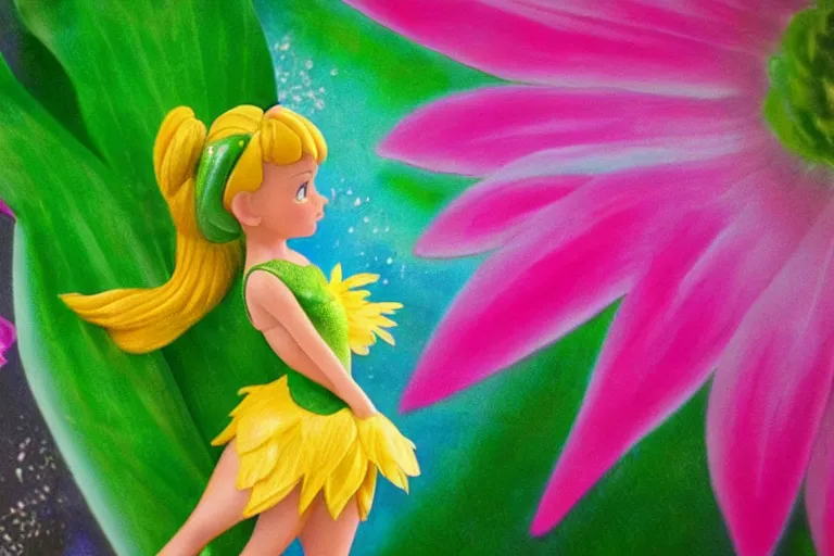 Image similar to Disney Tinkerbell kissing a big flower, hyper realism, macro shot