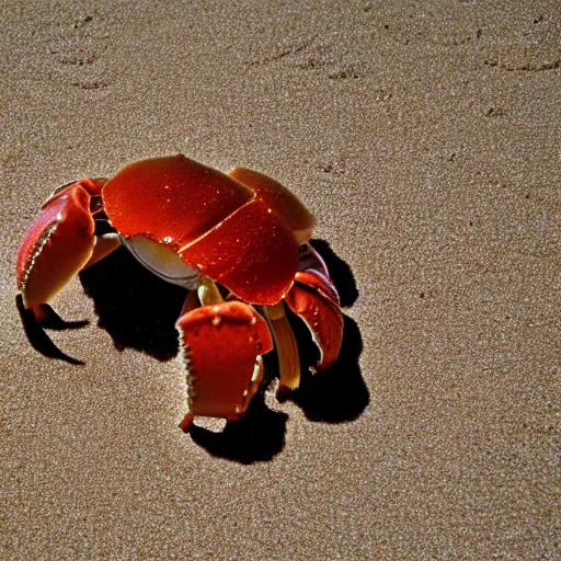 Image similar to An extreme close up of a large hermit crab in the sand, high DOF, National Geographic, F 1.8, Kodak Portra