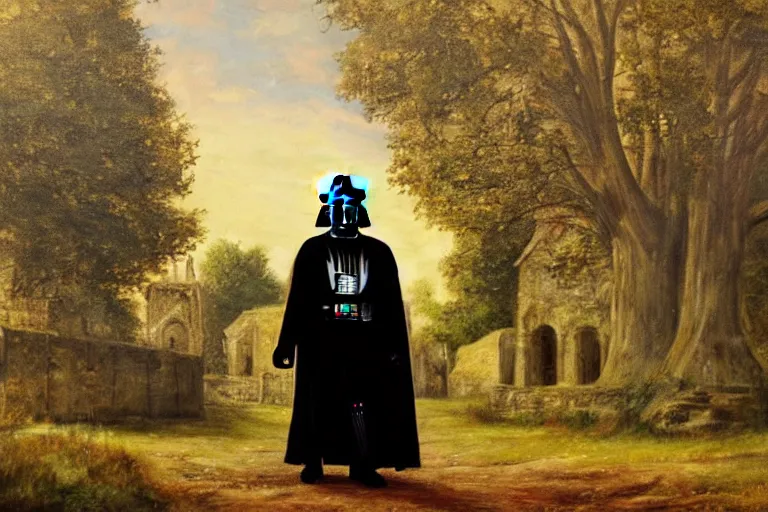 Prompt: a detailed oil painting of darth vader leaving a medieval church,, english, churchyard, trees, golden hour