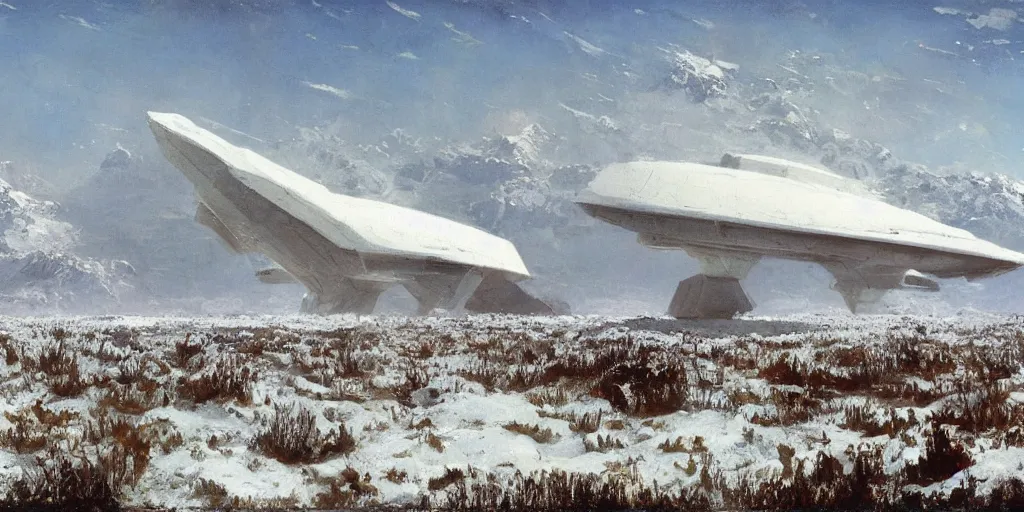 Prompt: white giant spaceship in center on tansy field at foot on snowy mountain by Fernand Khnopff by john berkey, oil painting, concept art