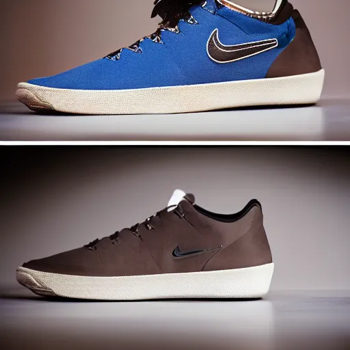 Image similar to a studio photoshoot of A Nike sneaker designed by Jerry Lorenzo, realistic, color film photography by Tlyer Mitchell, 35 mm, graflex