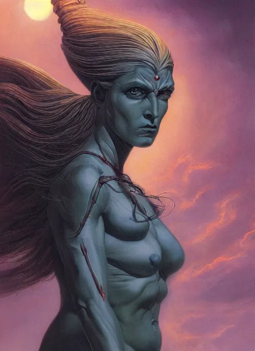 Image similar to biblical hell beautiful female witch android, shiva, storm, glowing veins, in clouds, sunset, portrait by wayne barlowe, by peter elson, muted colors, by frank frazetta, extreme detail, reflections, trending on artstation, 8 k