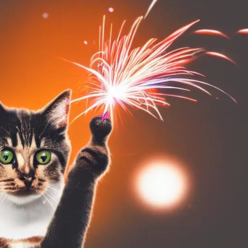 Prompt: cat holding firework at midnight 4 k