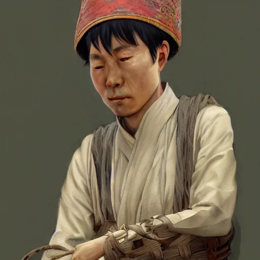 Image similar to 12th century Chinese farmer, highly detailed, digital painting, cgsociety, concept art, sharp focus, illustration, art by artgerm and greg rutkowski and alphonse mucha