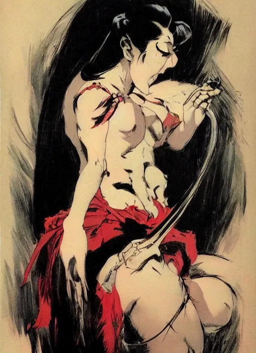 Image similar to portrait of bald korean vampiress, strong line, saturated color, beautiful! coherent! by frank frazetta, high contrast